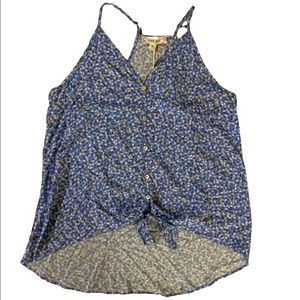 Pink rose light blue floral print tie front top